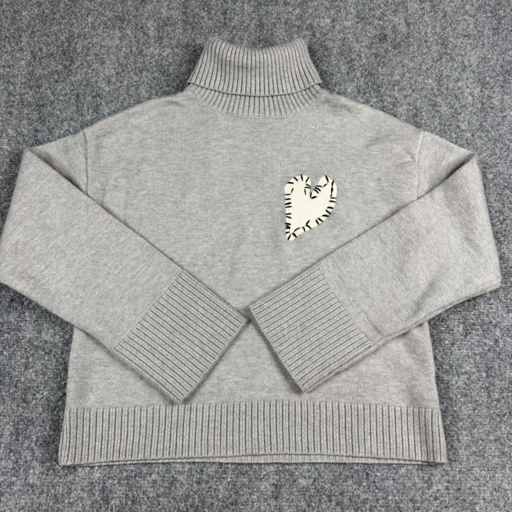 Aqua x Kerri Rosenthal Turtleneck Sweater Women XS Gray Heart Patch Ribbed Knit